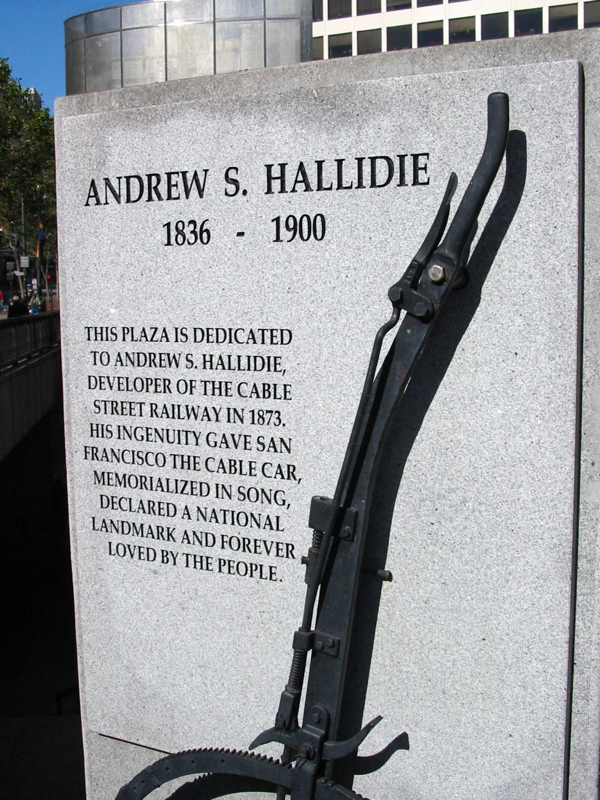 Plaque comm&eacute;morative pour le constructeurs du syst&egrave;me des cable cars, Andrew S. Hallidie